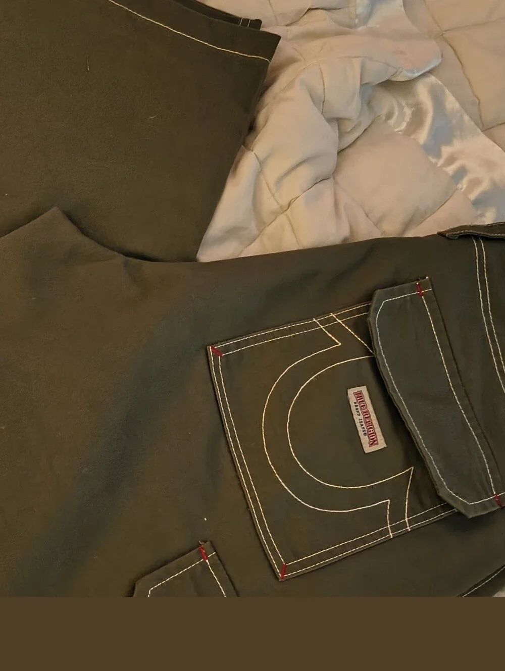 True Religion Men’s Olive Cargo Jeans with Signature Stitching